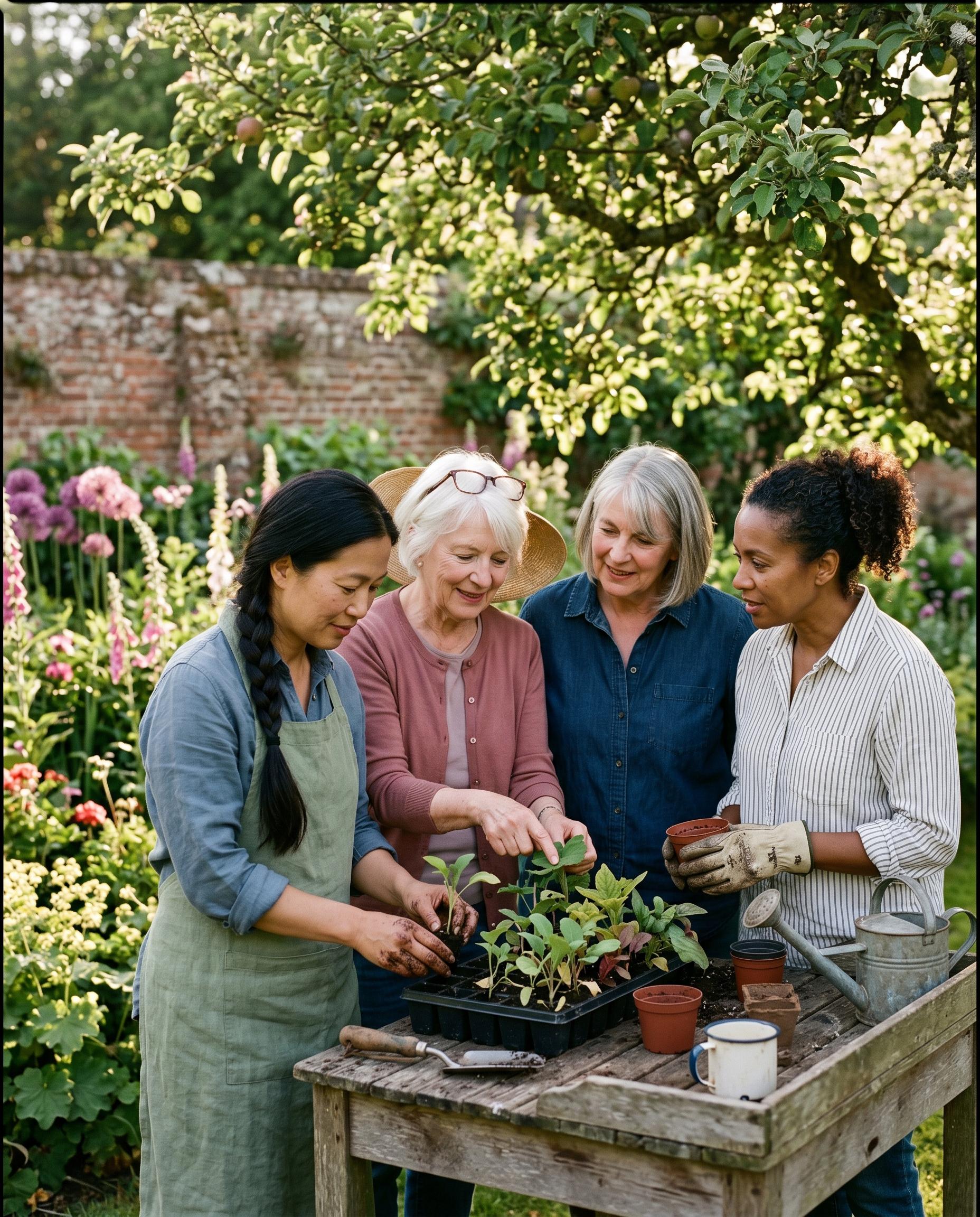 Four Friends in Bloom Garden Club members gathered at a potting bench in a lush walled garden, examining a tray of perennial seedlings together